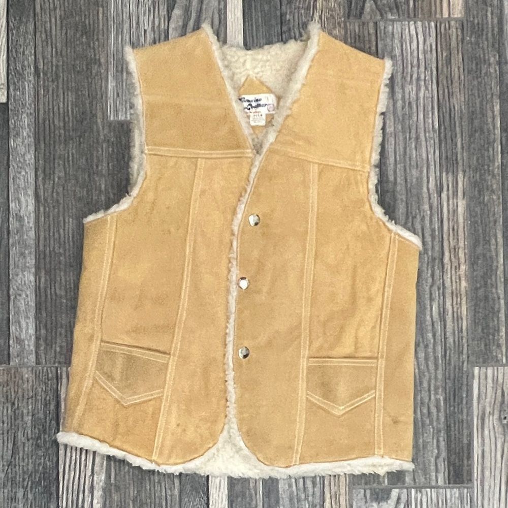 🔥🔥 True Vintage GENUINE LEATHER PILE Tan Suede Western Sherpa Lined VEST Jacke